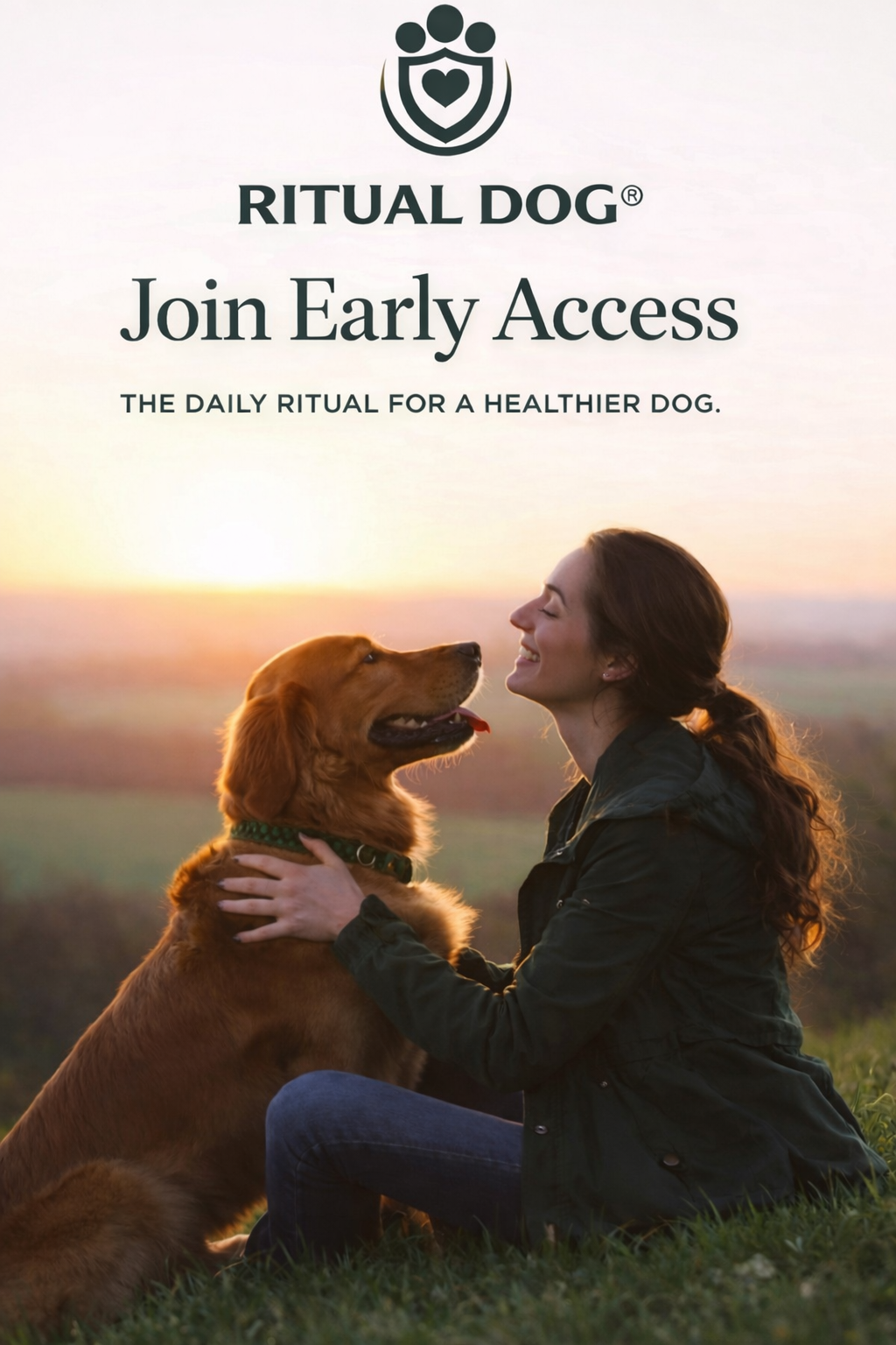 Woman with her golden retriever at sunset