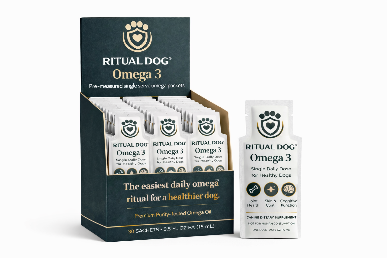 Ritual Dog Omega 3 box with 30 sachets and single sachet packet